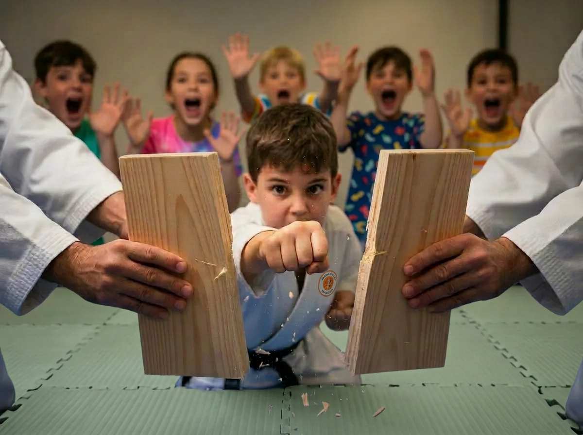 Birthday child punching through a board held by instructors while friends cheer