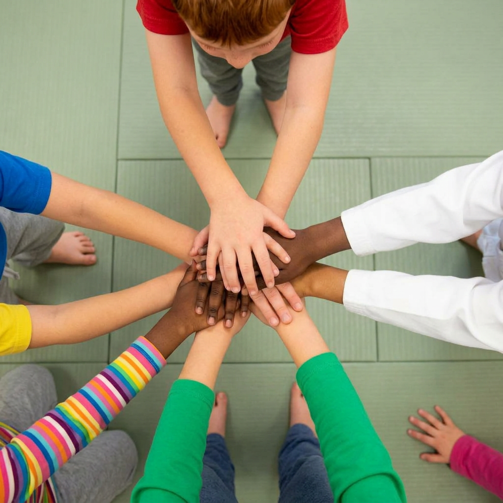 Kids in party clothes stacking hands in a circle with the birthday child