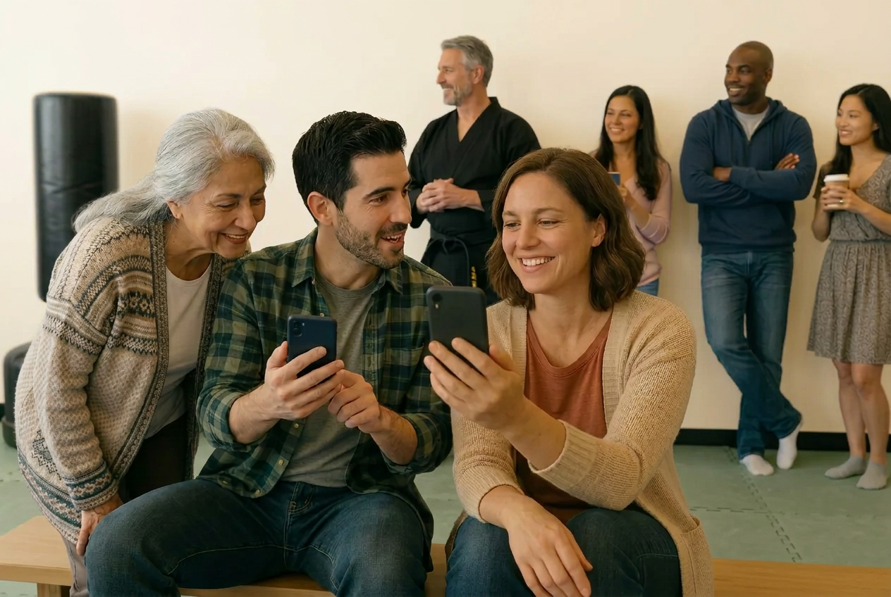 Parents relaxing and looking at party photos on their phones