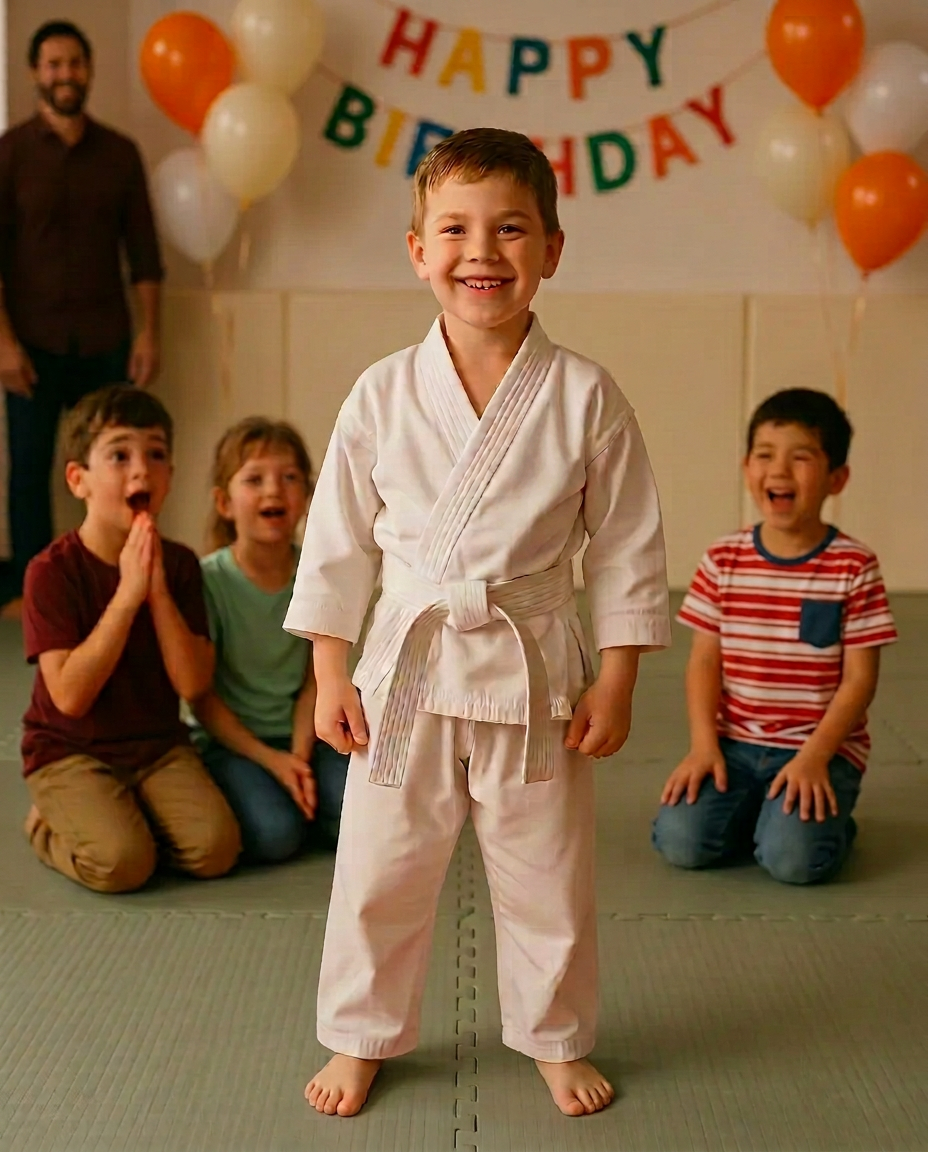 Proud birthday child in uniform while friends in party clothes cheer