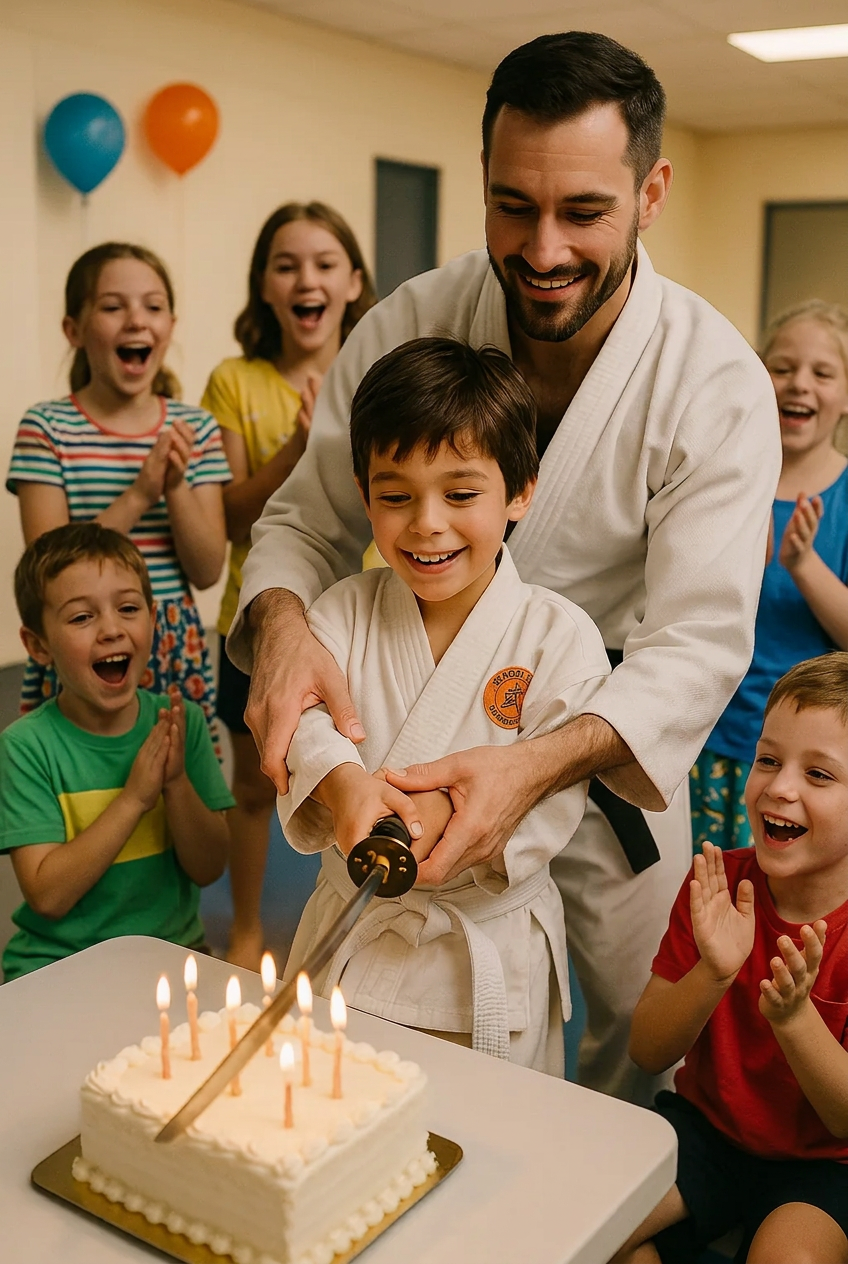 Birthday child cutting the cake with a samurai sword guided by the instructor