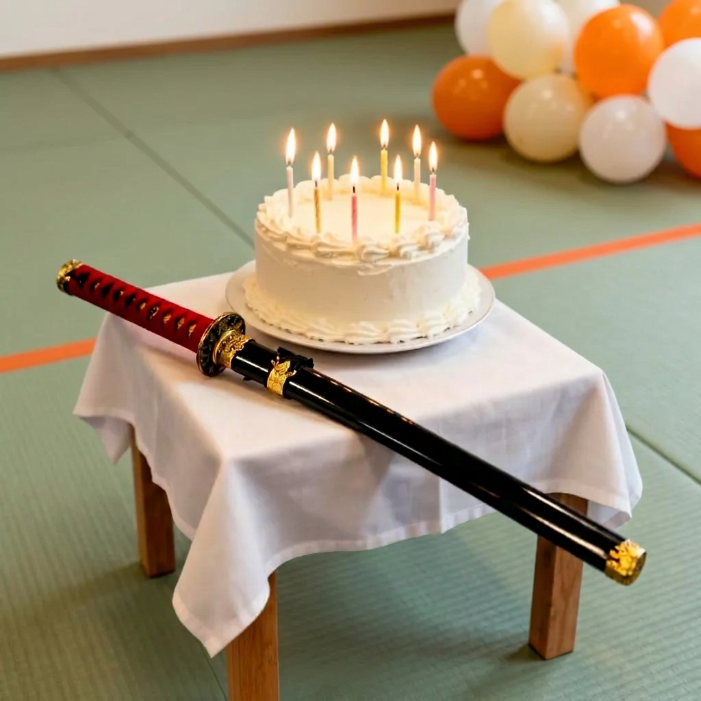 Birthday cake on a table beside a samurai sword