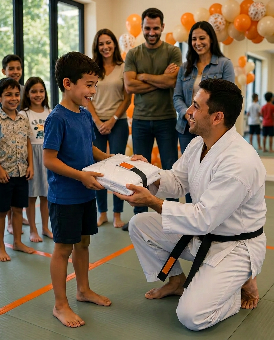 Instructor handing a free uniform to a smiling party guest as parents watch