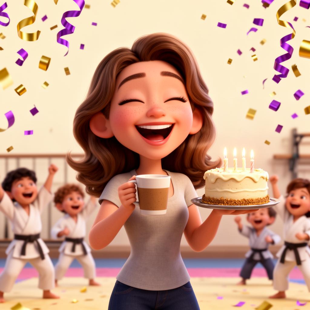 Cartoon of a relaxed, laughing mom holding a birthday cake