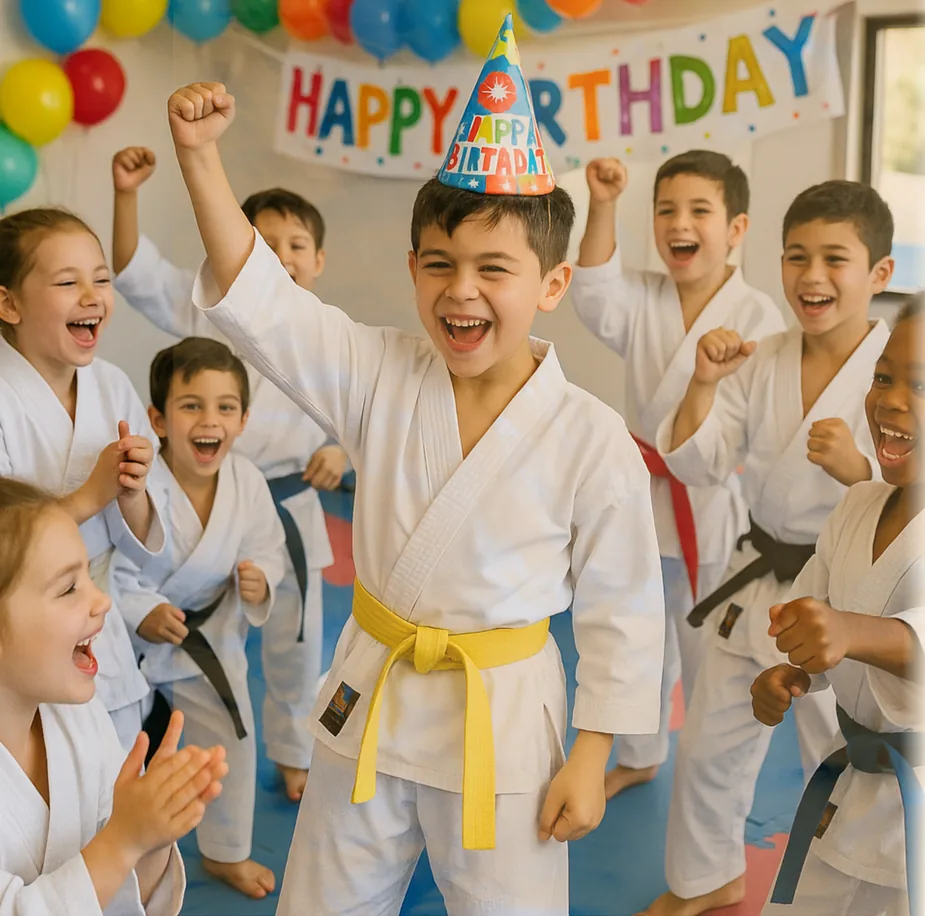 Kids in party hats at a martial arts birthday party in Medfield