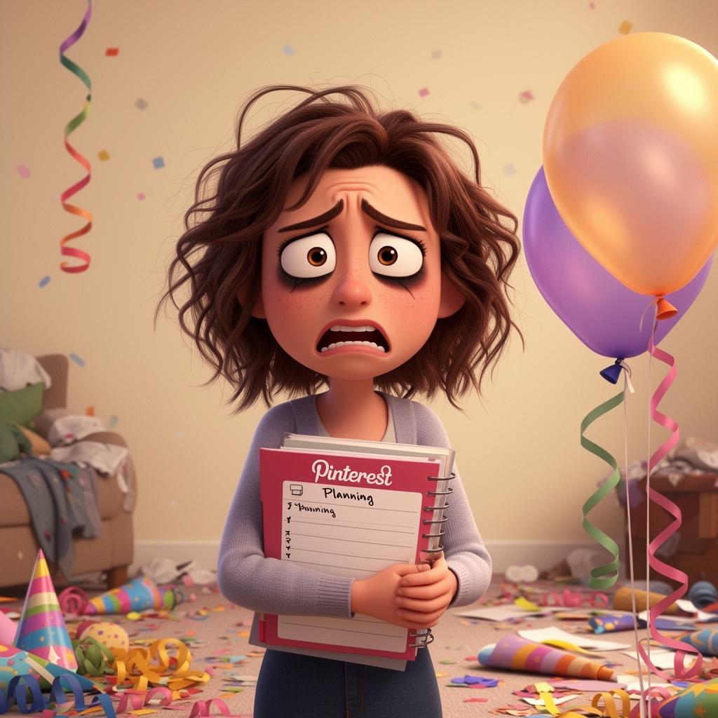 Cartoon of a stressed mom surrounded by party mess